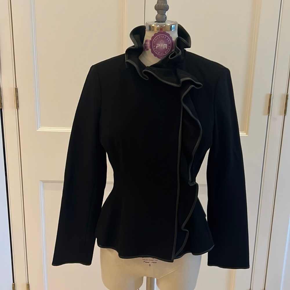 CH Carolina Herrera black peplum blazer with leather trim